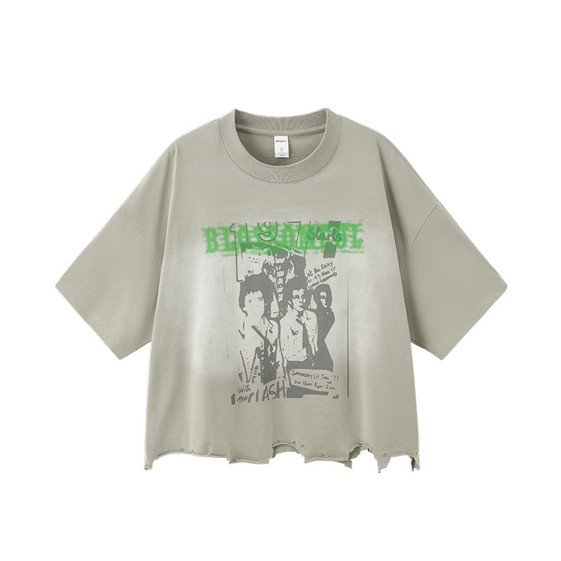Short Washed Slashed Printed T-Shirt