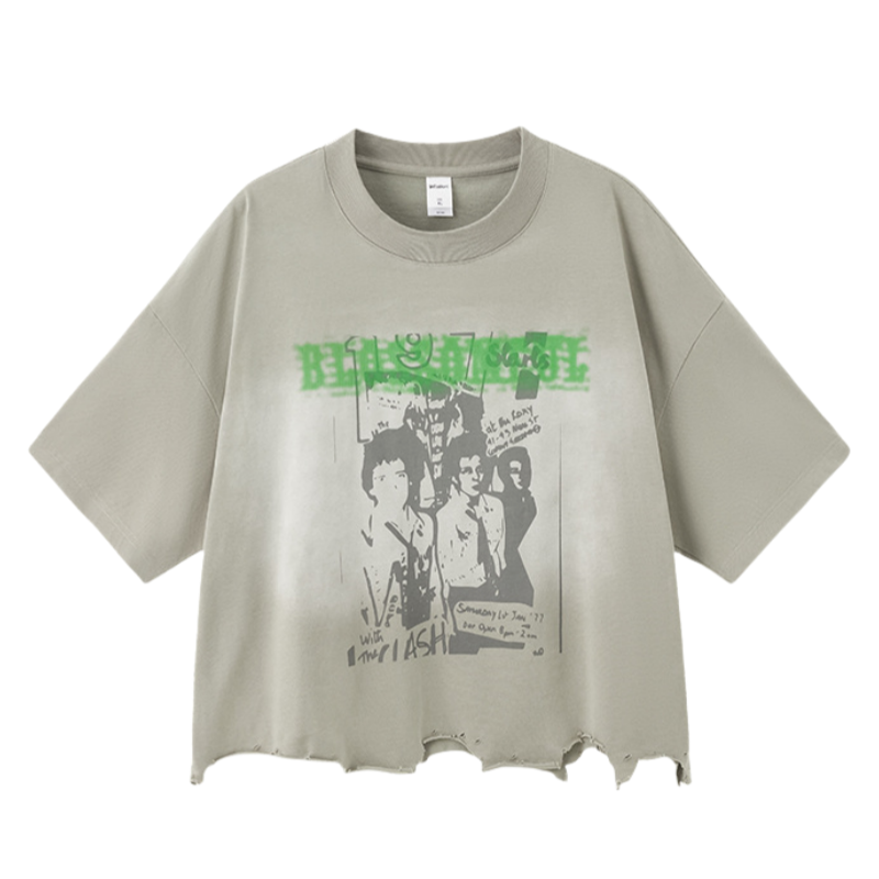 Short Washed Slashed Printed T-Shirt