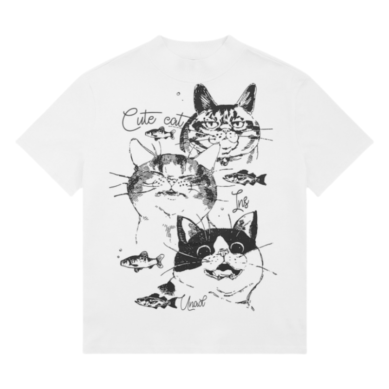 American Vintage Cat Pattern Loose Short Sleeve T-Shirt