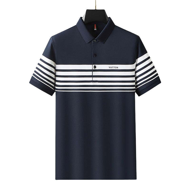 Customized blue and white striped polo shirt