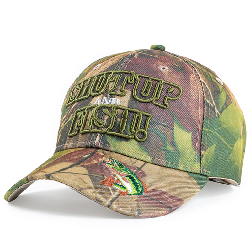 Camo outdoor fishing cap with custom made 3D embroidery