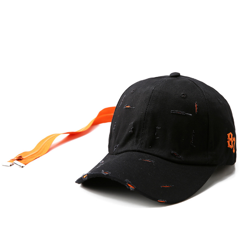 Heavy broken washed baseball cap with long accessory back strap 