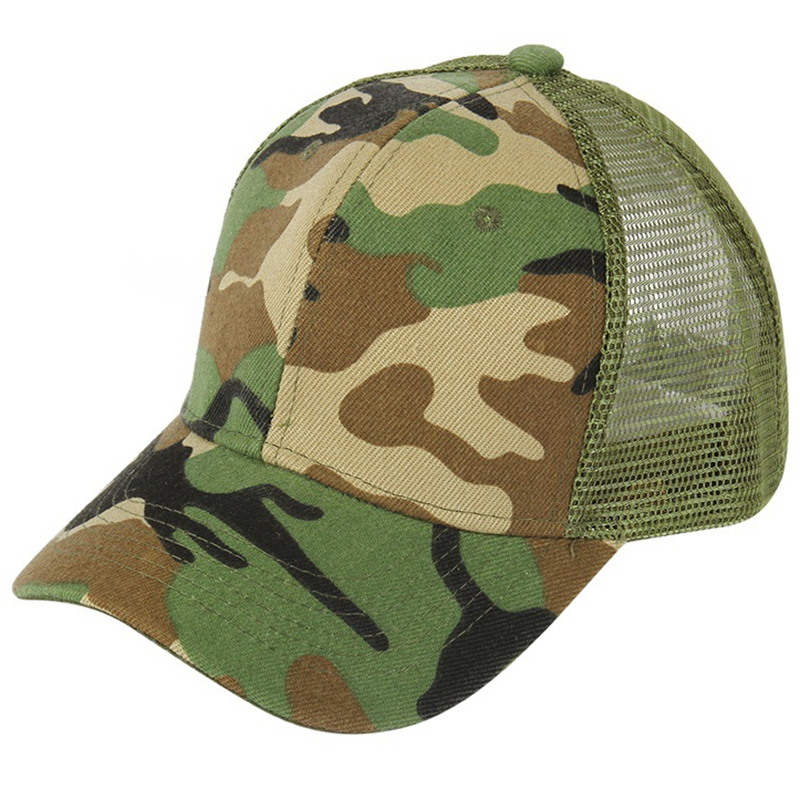 Acrylic camouflage fabric with ventilation mesh back trucker hat                        