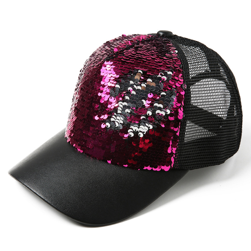 Trucker 5 panel mesh cap with sequins front panel and leather peak                     