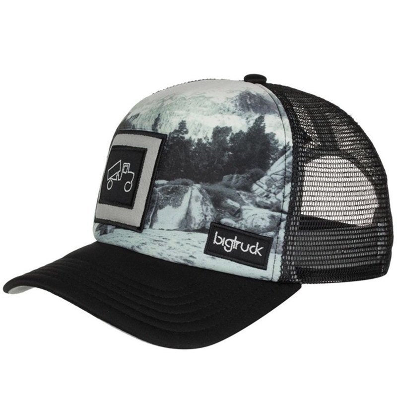 Printing polyester trucker hat with woven label sewn on front panel and back mesh