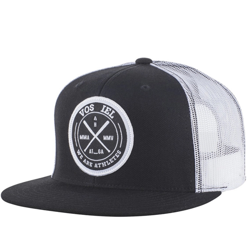 High profile flat bill trucker cap with woven label