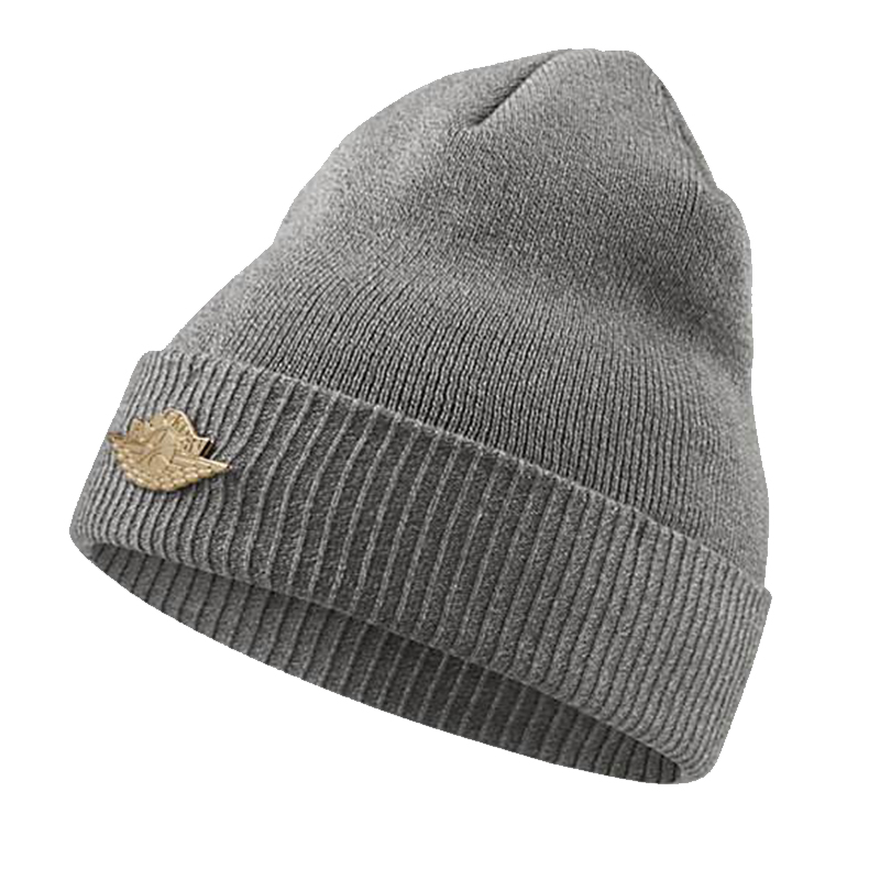 Blank gray beanie hat with metal badge on cuff