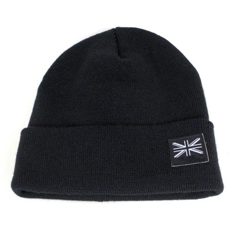 Plain black beanie cap with woven label logo on cuff