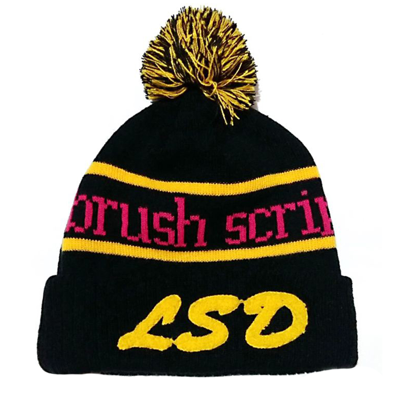 Knitted pompom beanie with jacquard and chenille embroidery logo