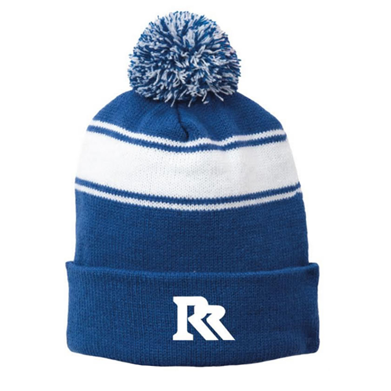 Striped winter knitted hat with pom and embroidery logo