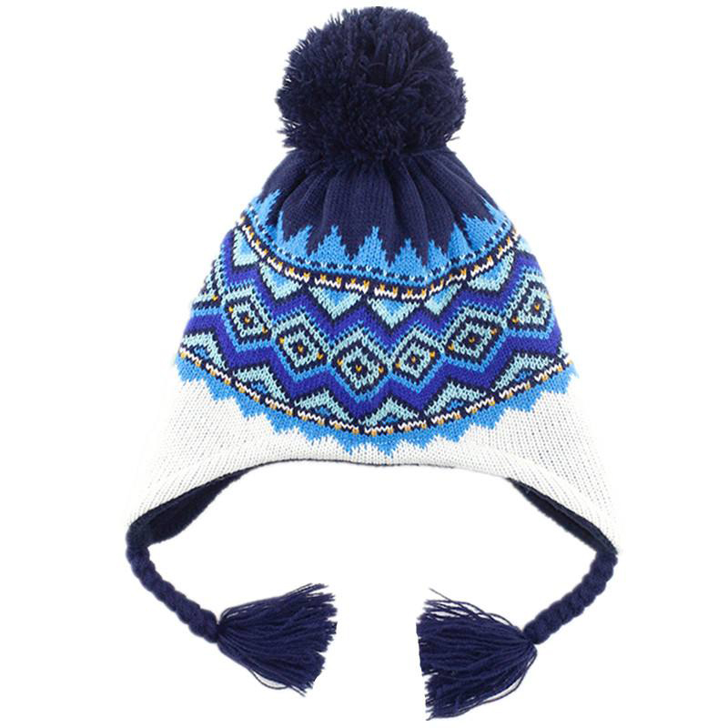 Funny cute design ear flap beanie with pom and braid