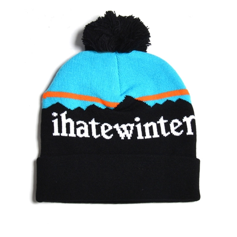 Jacquard letters fashion bobble beanie