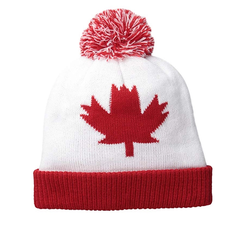 Maple leaf acrylic knitted pom toque with cuff