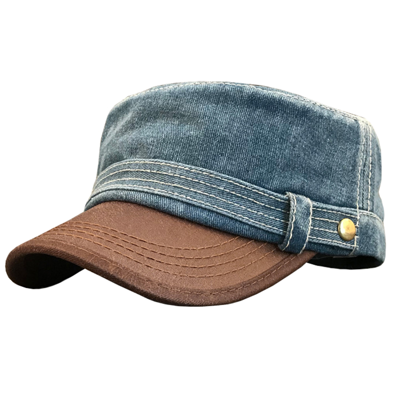 Plain denim military cadet hat with suede peak