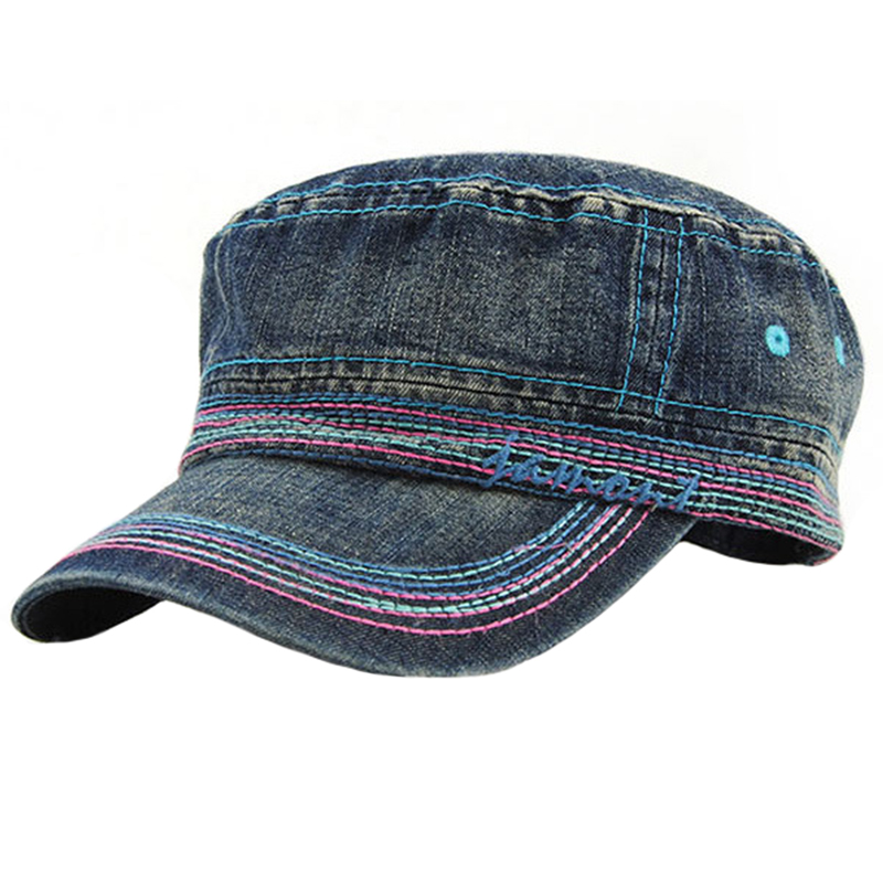 Heavy washed denim army military hat with multicolor threads