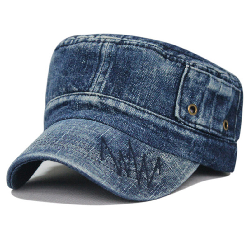 Stone washed blue denim army style patrol cap