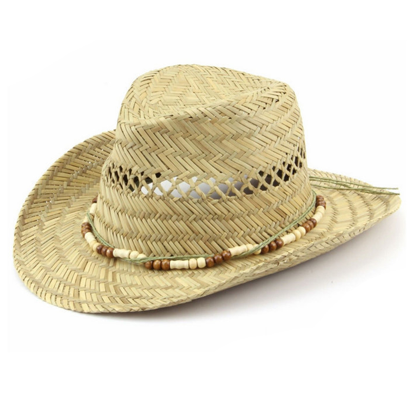 Men's hollow straw cowboy hats with beads accessory