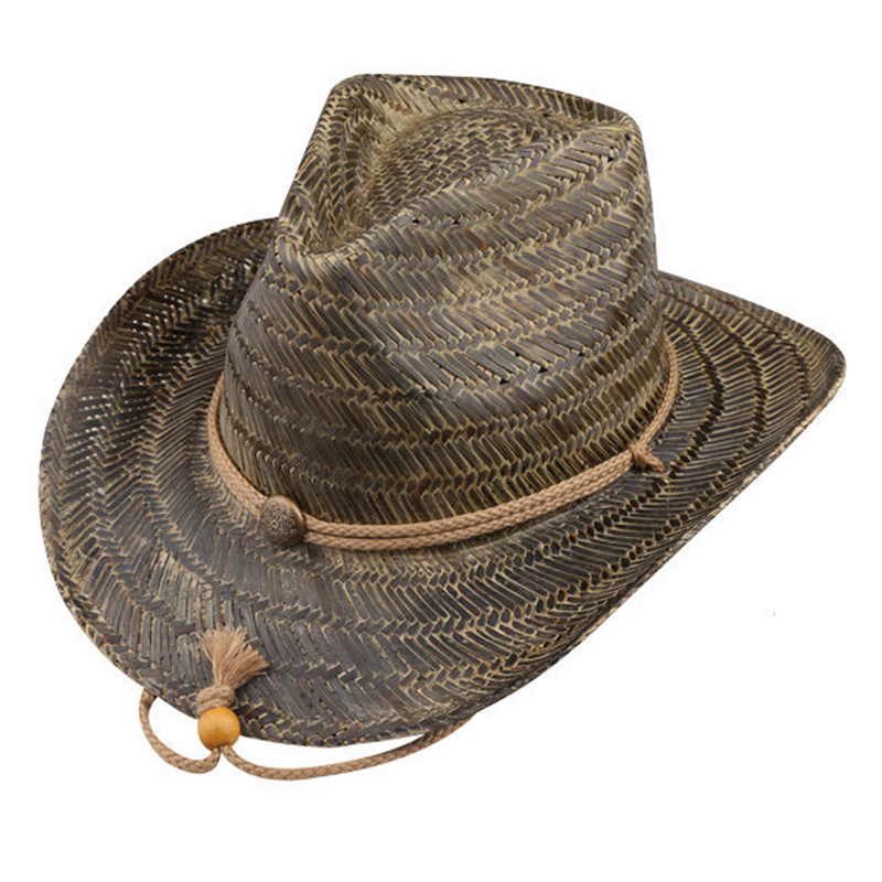 Painted color hollow straw cowboy hat with chin string