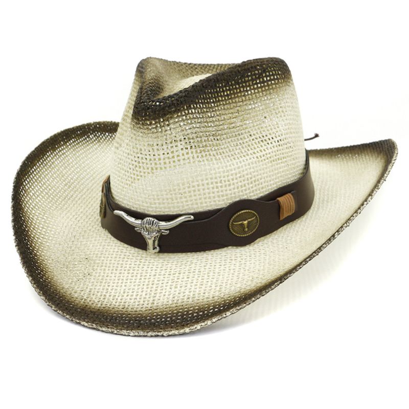 Painted wide brim western cowboy hats with leather band and metal badge