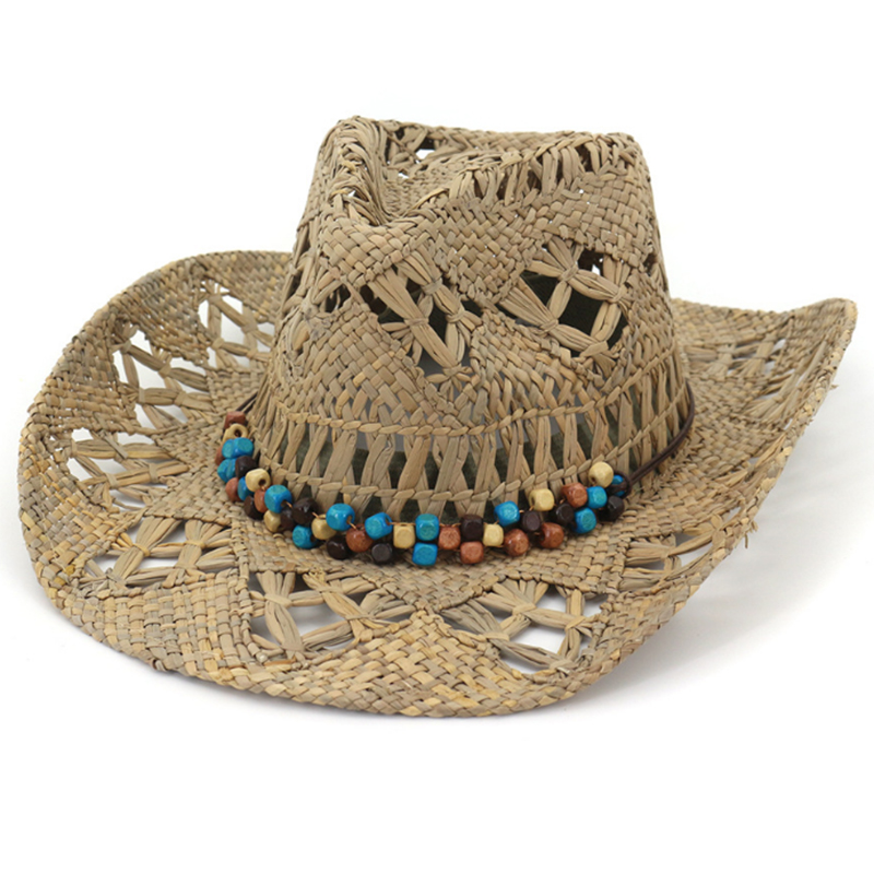 Classic natural straw cowboy hat with beads accessory and elastic sweatband