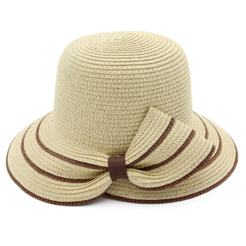 Summer beach floppy straw hat with unique type curl up ribbon brim