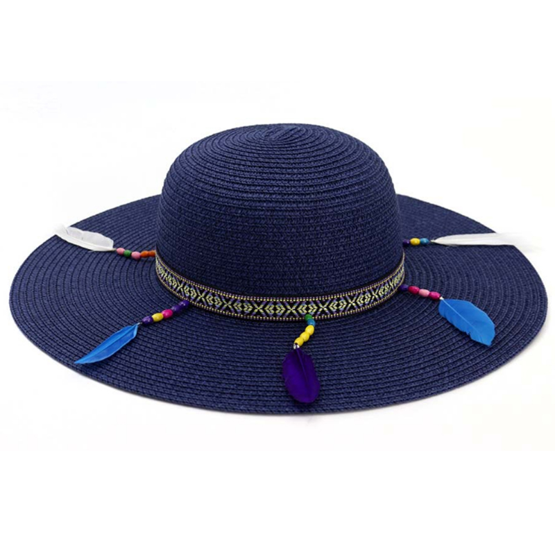 Women's paper straw shield hat with ribbon, beads and feather accessory