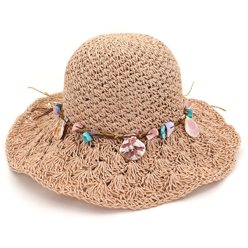 Hand made crochet paper string hats with sea shell accessory