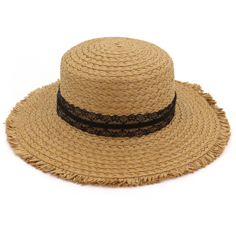 Flat top and wide brim summer straw sun beach hat with lace band