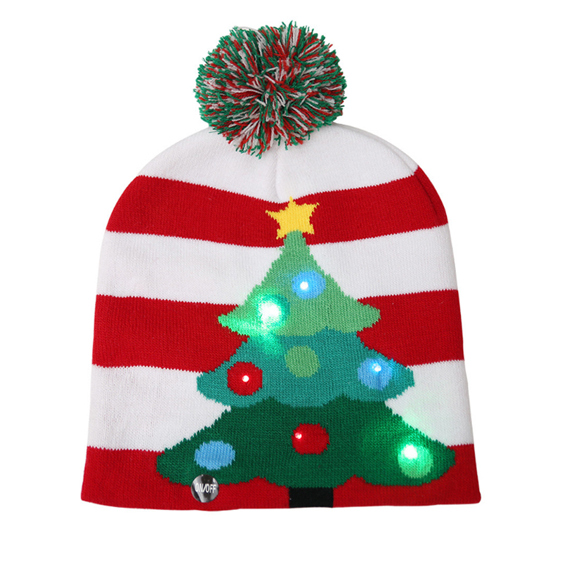 Unisex LED lights knitted beanie hat with jacquard Christmas tree design