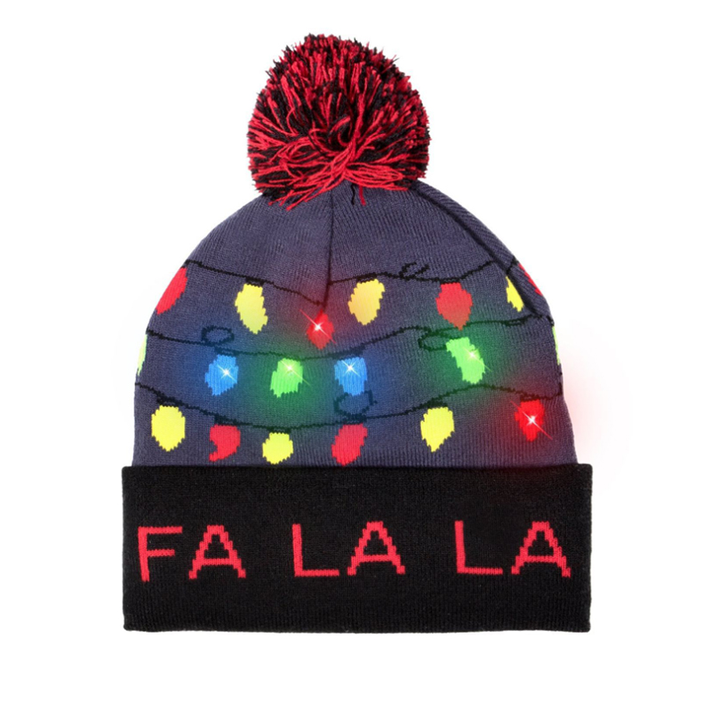 Custom made logo LED knitted toques with cuff and pompom