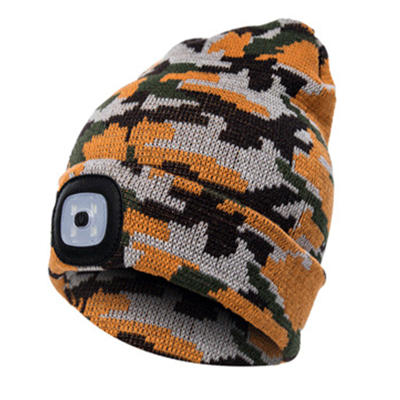 Camouflage color knitted beanie winter hat with removeable LED lights on cuff