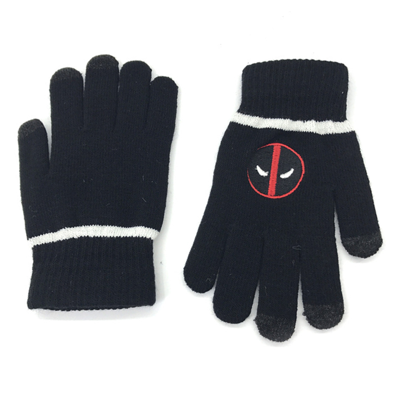 Black with white stripes touch screen knitted gloves with embroidery for outdoor sport