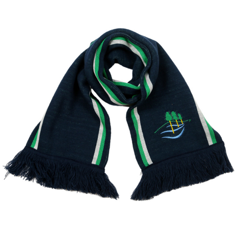 Double layer acrylic scarf with knitted stripes and embroidery logo