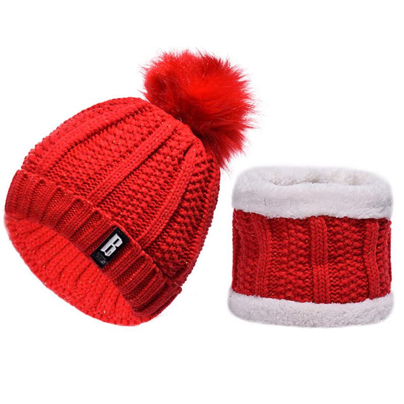 Bold knitted pompom beanie with double layers neck warmer